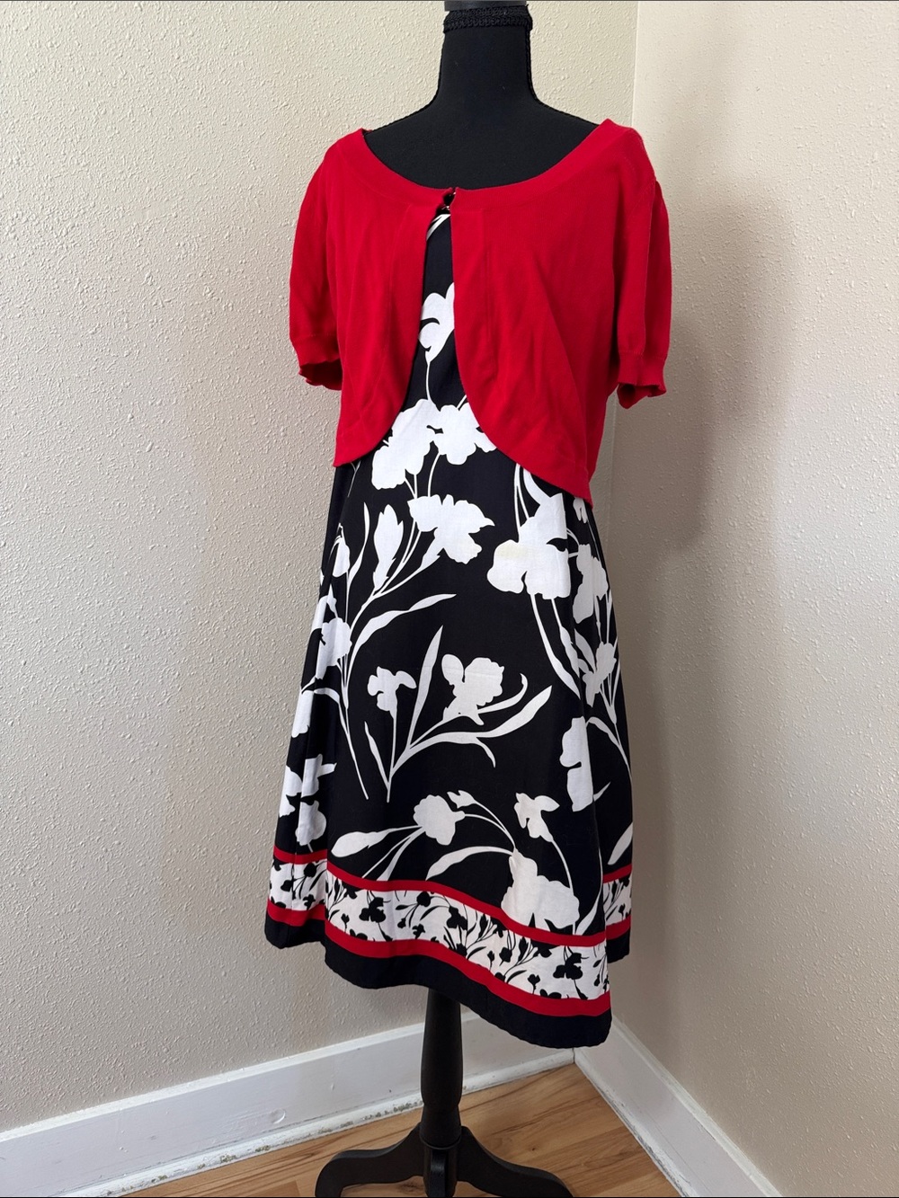 dressbarn Black & White Floral Midi Dress with Red Bolero